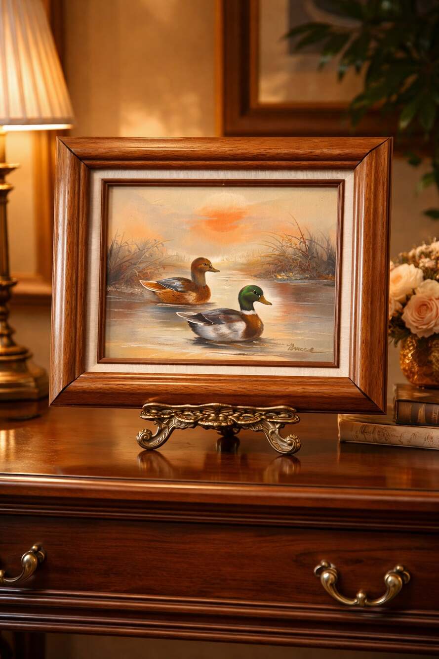Signed Mallard Ducks Sunset Oil Painting Framed Wall Art